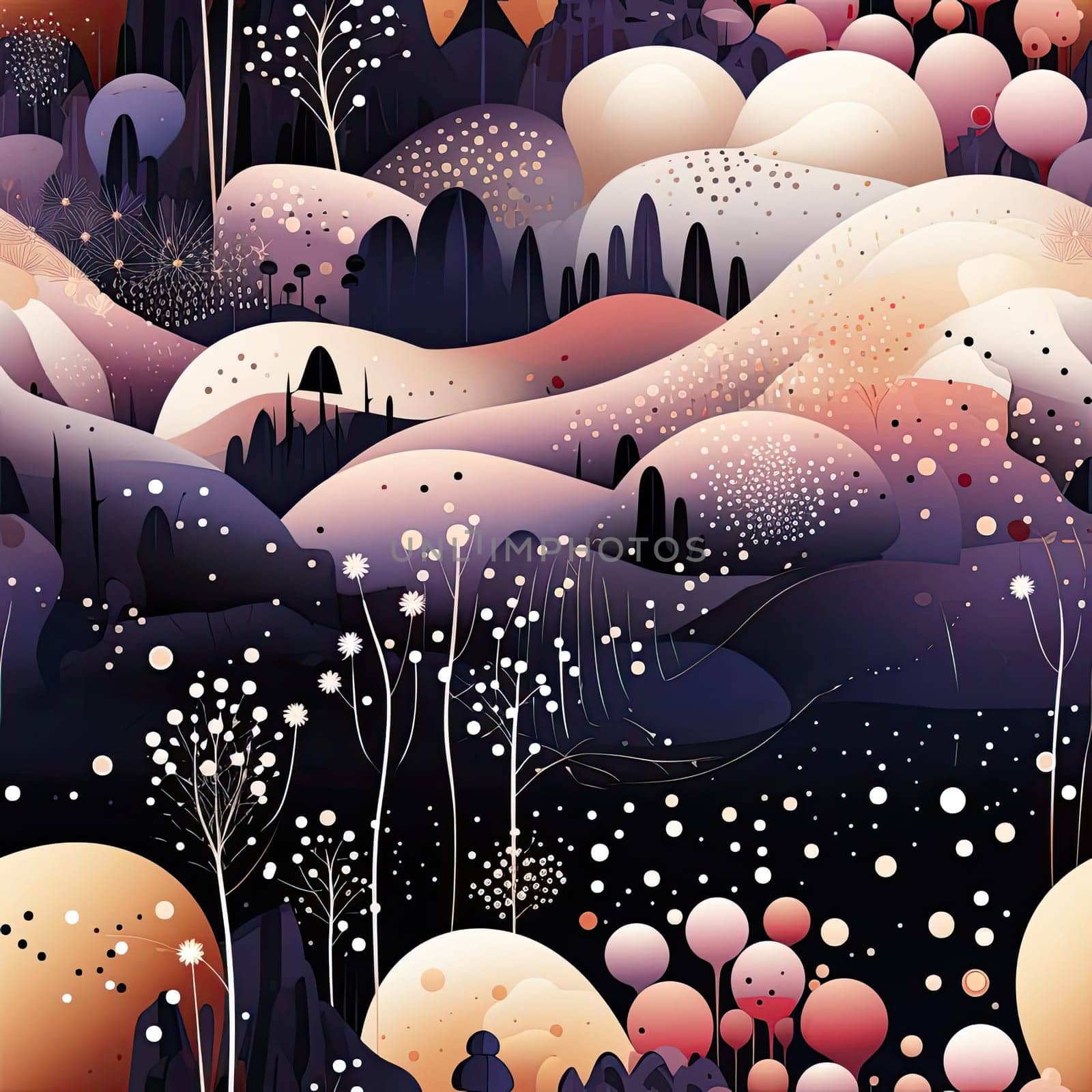 Abstract landscape with trees, mushrooms, and stars (tiled)
