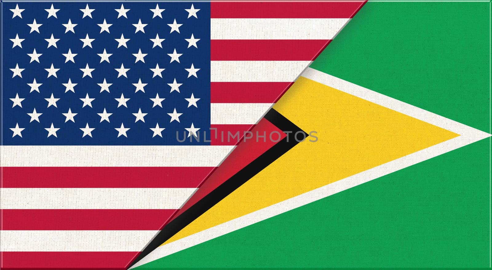 Flags of USA and Guyana. American and Guyanese diplomatic relations. national flags on fabric surface. Flag of USA and Guyana - 3D illustration