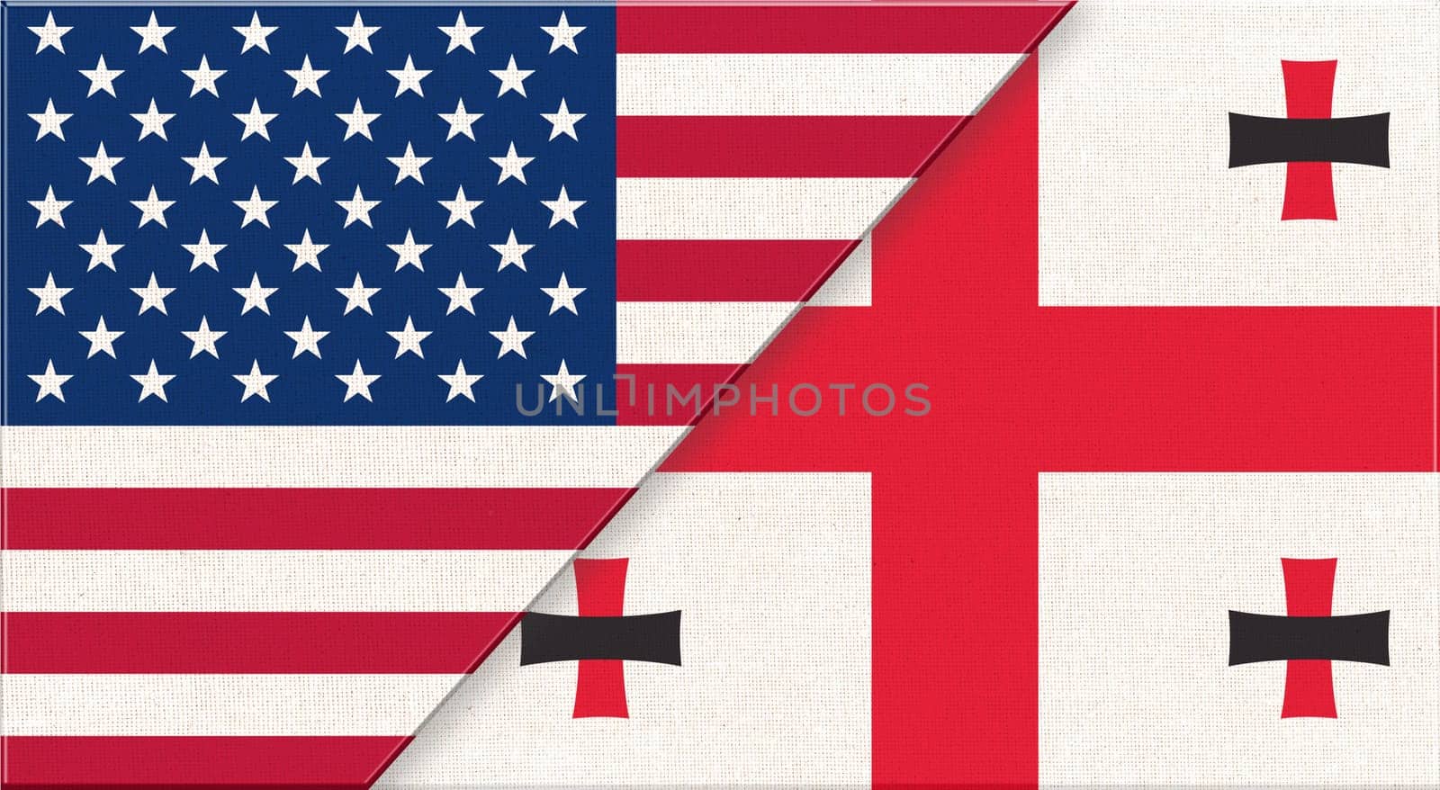 Flags of USA and Georgia. American and Georgian national flags on fabric surface. Flag of USA and Georgia - 3D illustration. diplomatic relations between two countries. Fabric flag of country
