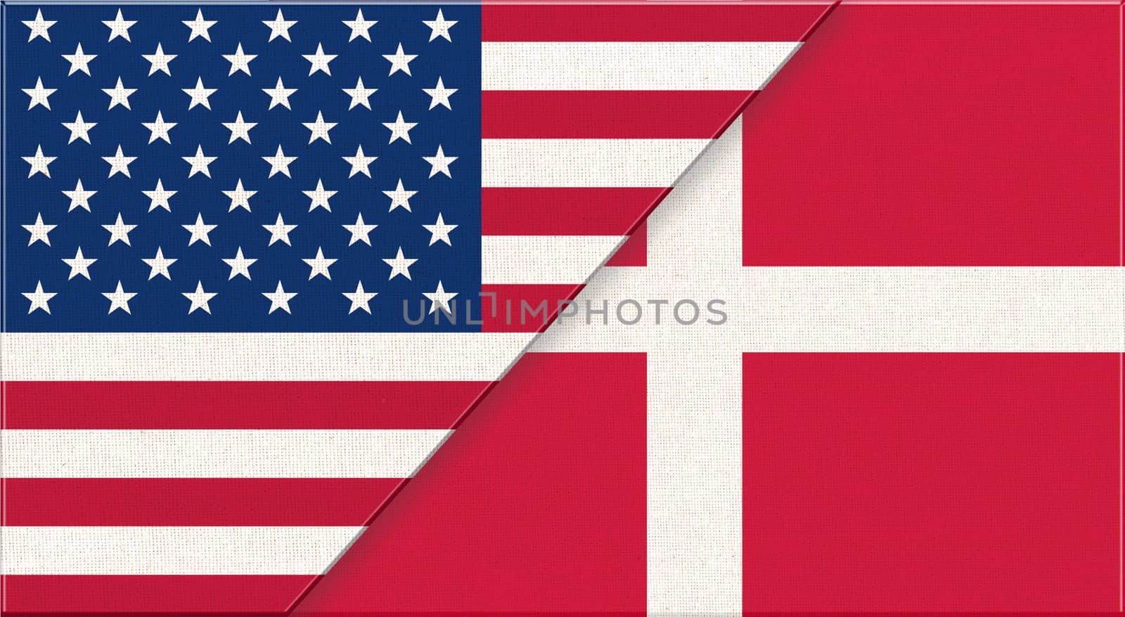 Flags of USA and Denmark. American and Dutch national flags on fabric surface. Flag of USA and Denmark - 3D illustration. diplomatic relations between two countries. Fabric flag of country