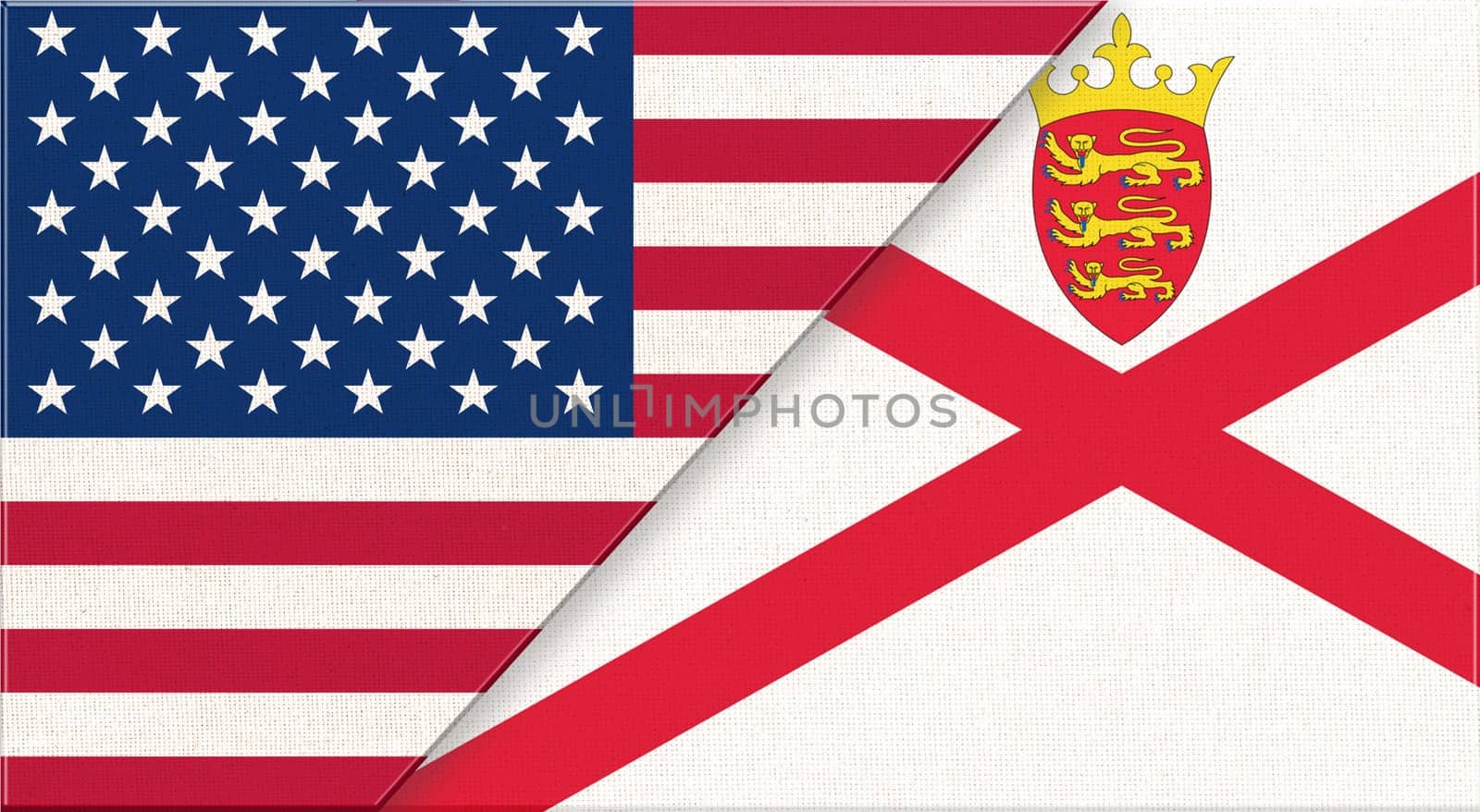 Flags of USA and Jersey. American and Jersey national flags on fabric surface. Flag of USA and Jersey - 3D illustration. diplomatic relations between two countries. Fabric flag of country