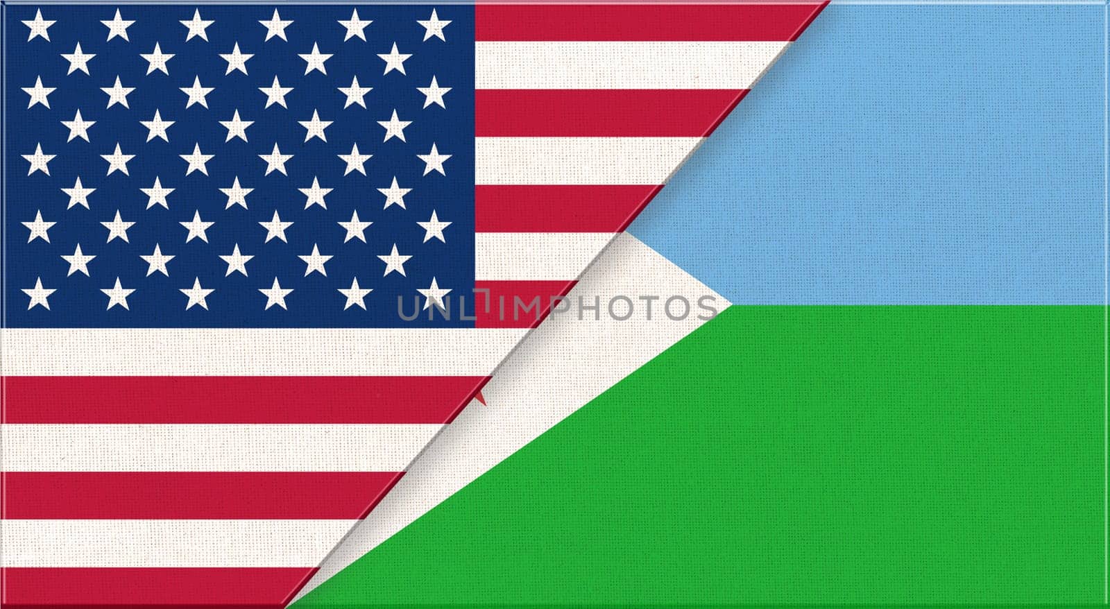 Flags of USA and Djibouti. American and Djibouti national flags on fabric surface. Flag of USA and Djibouti - 3D illustration. diplomatic relations between two countries