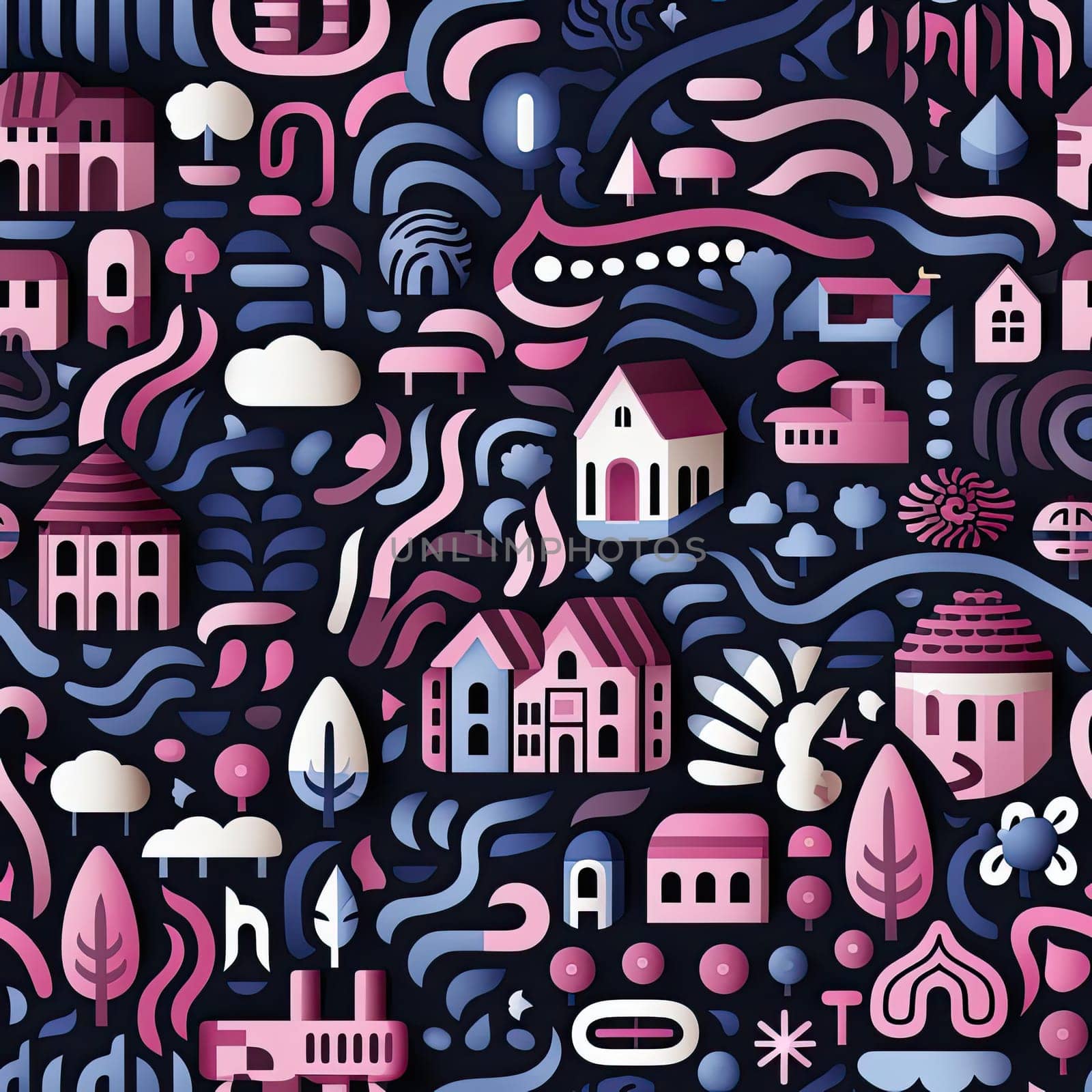Stylish stylized illustration in pink and dark blue with hidden details (tiled)