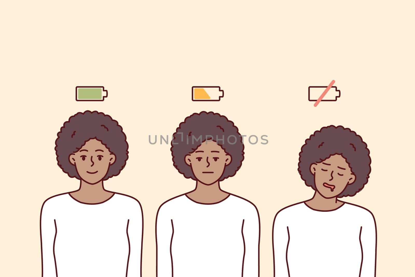 Woman with different battery levels for concept of difference between human mental state and need for recuperation. African american woman before and after work that causes fatigue and takes energy