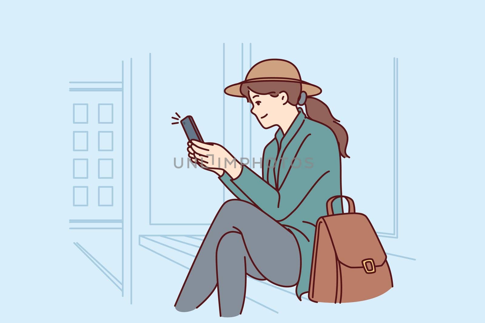Woman is sitting at bus stop using phone to track public transport via GPS navigation. Successful girl tourist waiting for bus or tram after arriving in new city for business trip.