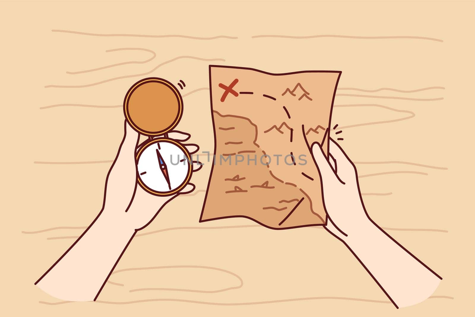 Treasure map and compass in hands of man looking for expensive jewels lost at sea from pirate vessels. Gold digger and adventurer in search of treasure or sunken ship explores ocean coast