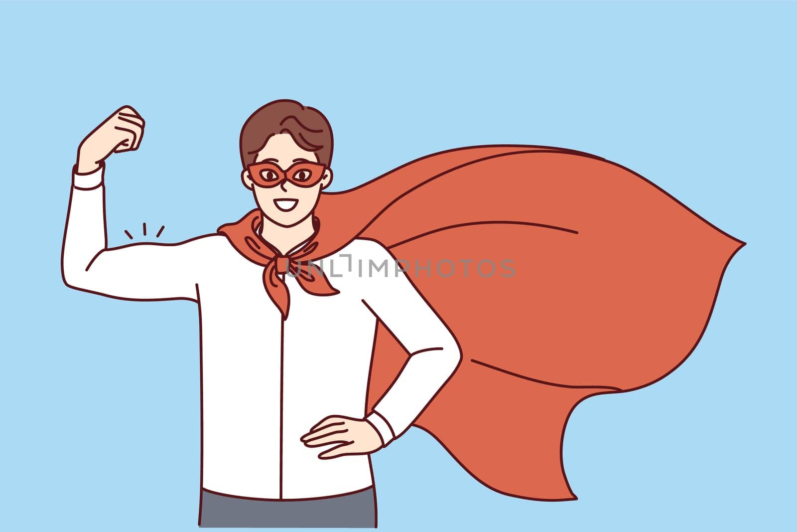 Man superhero in office worker clothes and red cape shows biceps for high business skills concept. Successful superhero businessman is ready to help company employees or do crisis management.