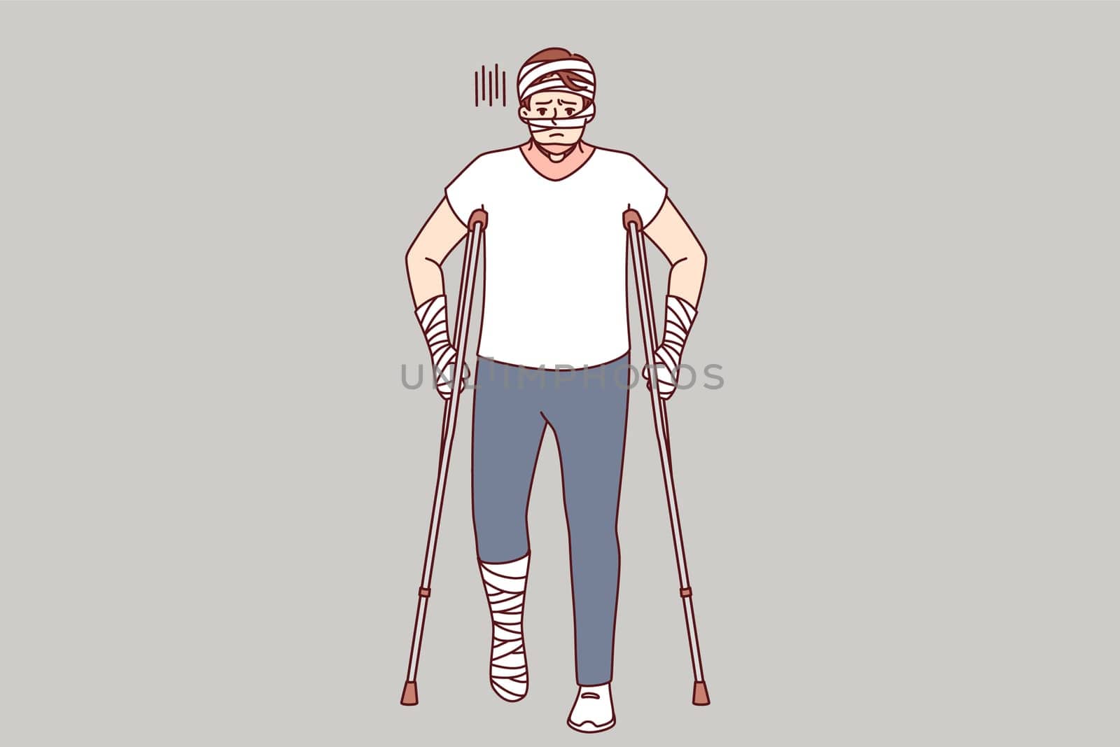 Ill man with bandages on hands and head uses walking aids after being involved in car accident. Guy injured in car accident needs long-term treatment and rehabilitation to restore health