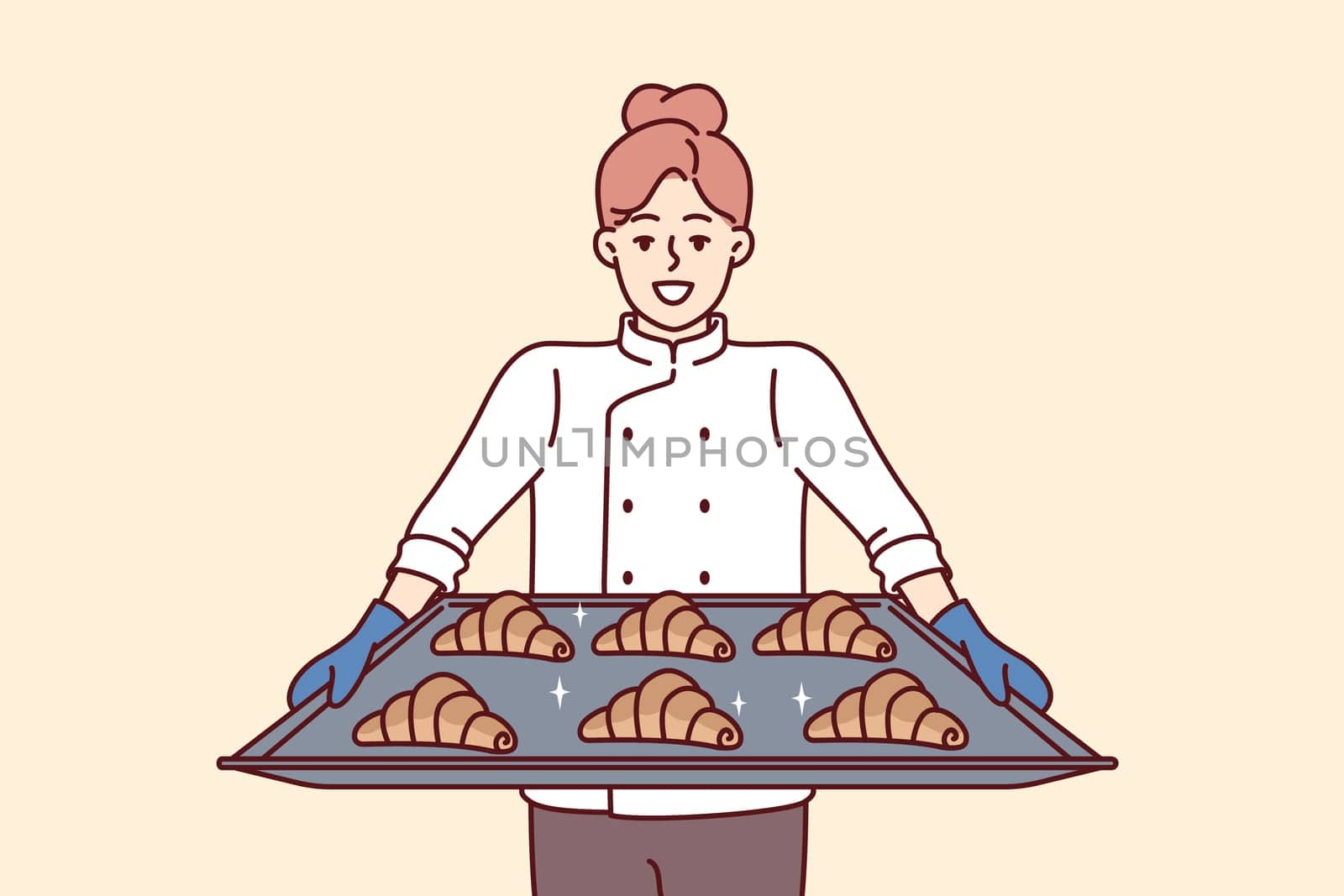 Woman baker holds tray of croissants preparing fresh pastries for sale in own bakery. Girl cook and owner of bakery with smile demonstrates delicious sweet buns for breakfast or lunch