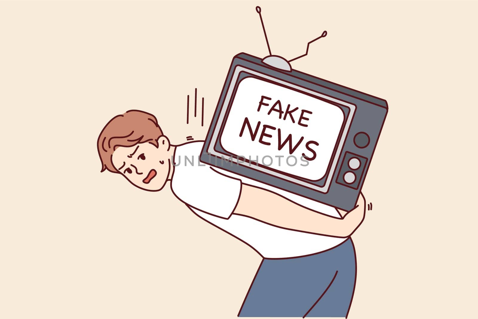 Man suffering from fake news on TV for concept of fighting disinformation and propaganda in media. Guy with big televisor on back is stressed out by fake news from journalists and yellow press.
