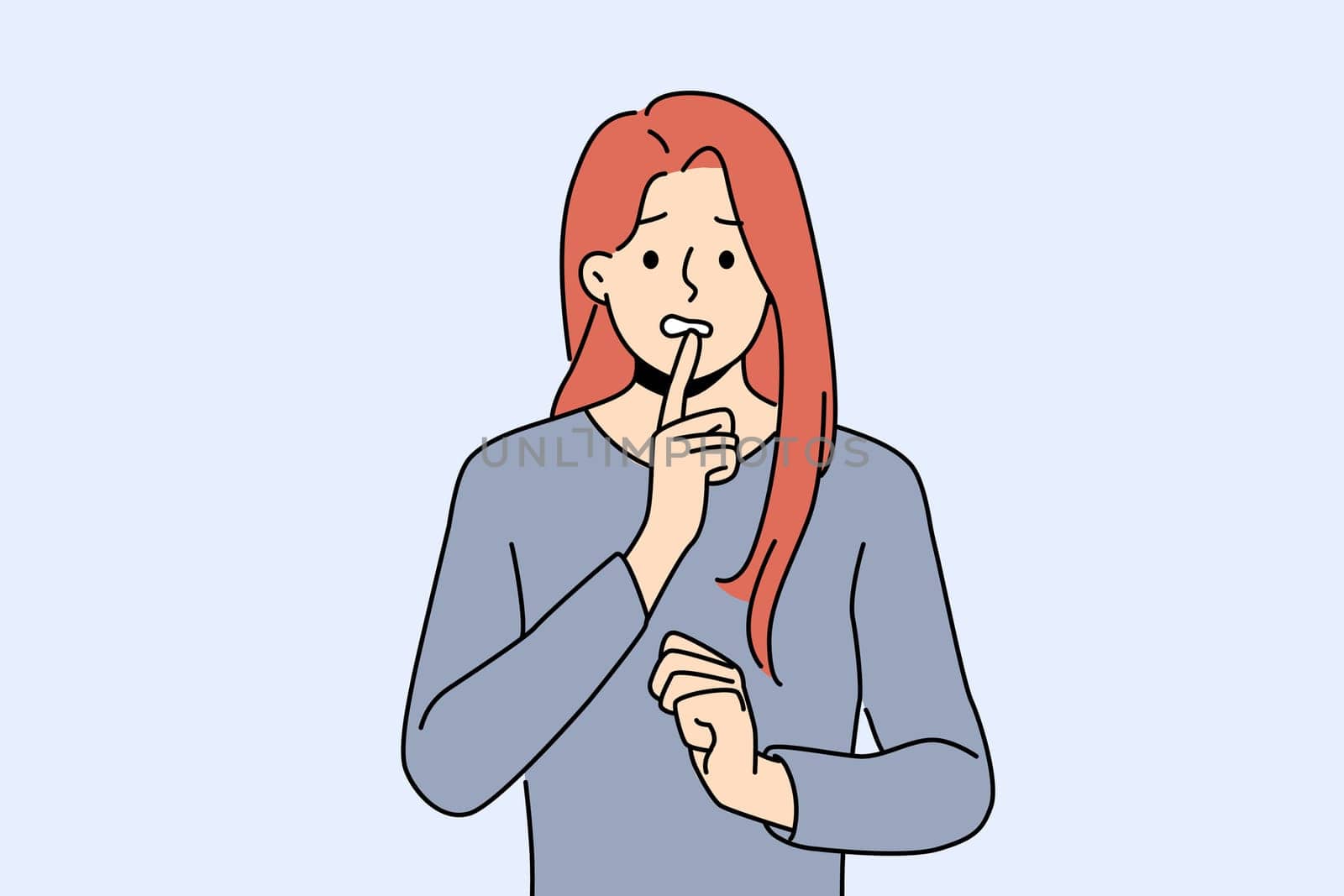 Confused woman touches chin thoughtfully, reflecting on philosophical question or mistake. Confused young girl in casual clothes looks worriedly at screen in need of help or advice