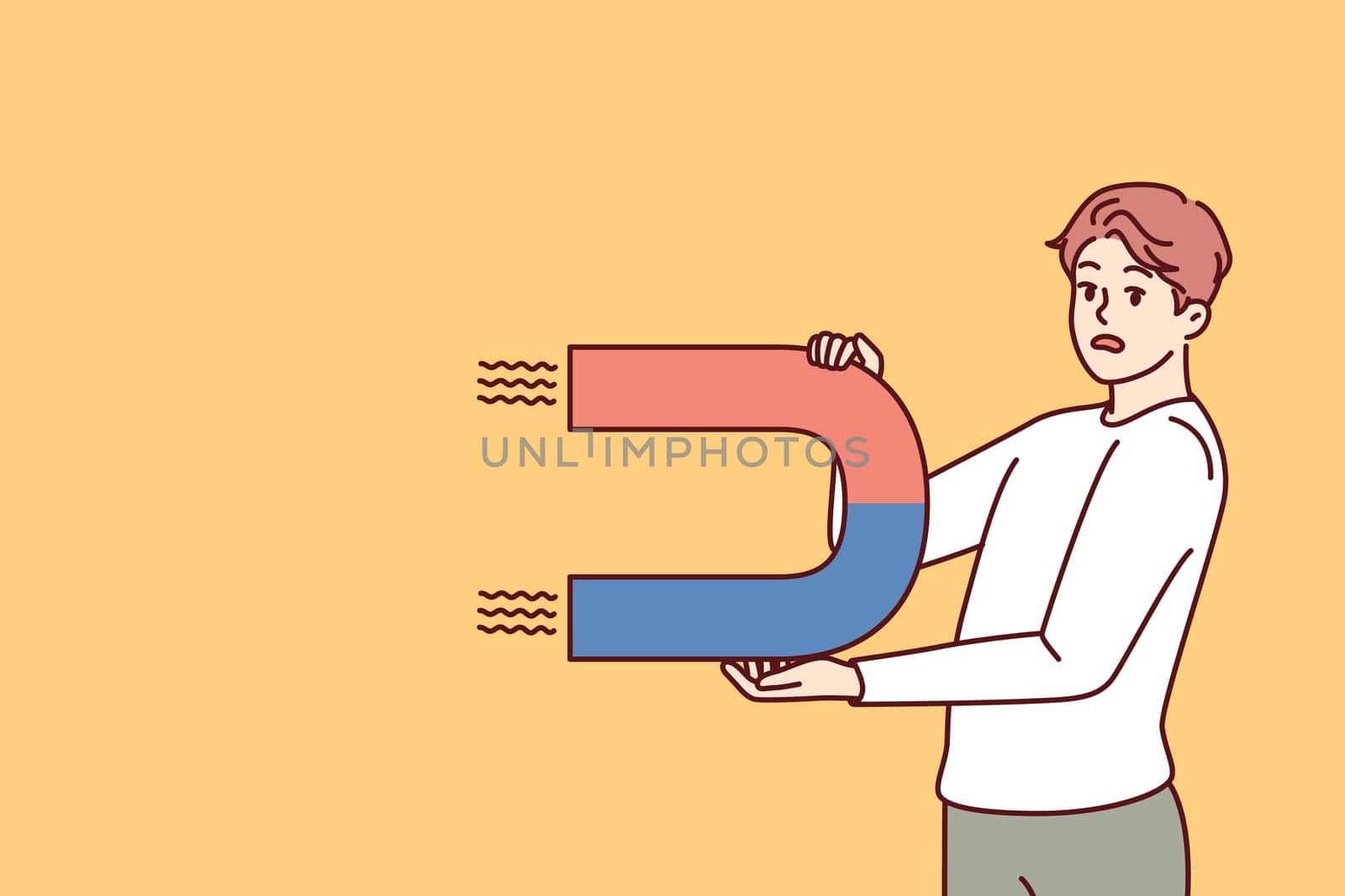 Worried man with magnet looks scared at screen for concept of trying to attract customers to company. Confused guy with magnet symbolizing unsuccessful marketing strategy for advertising business