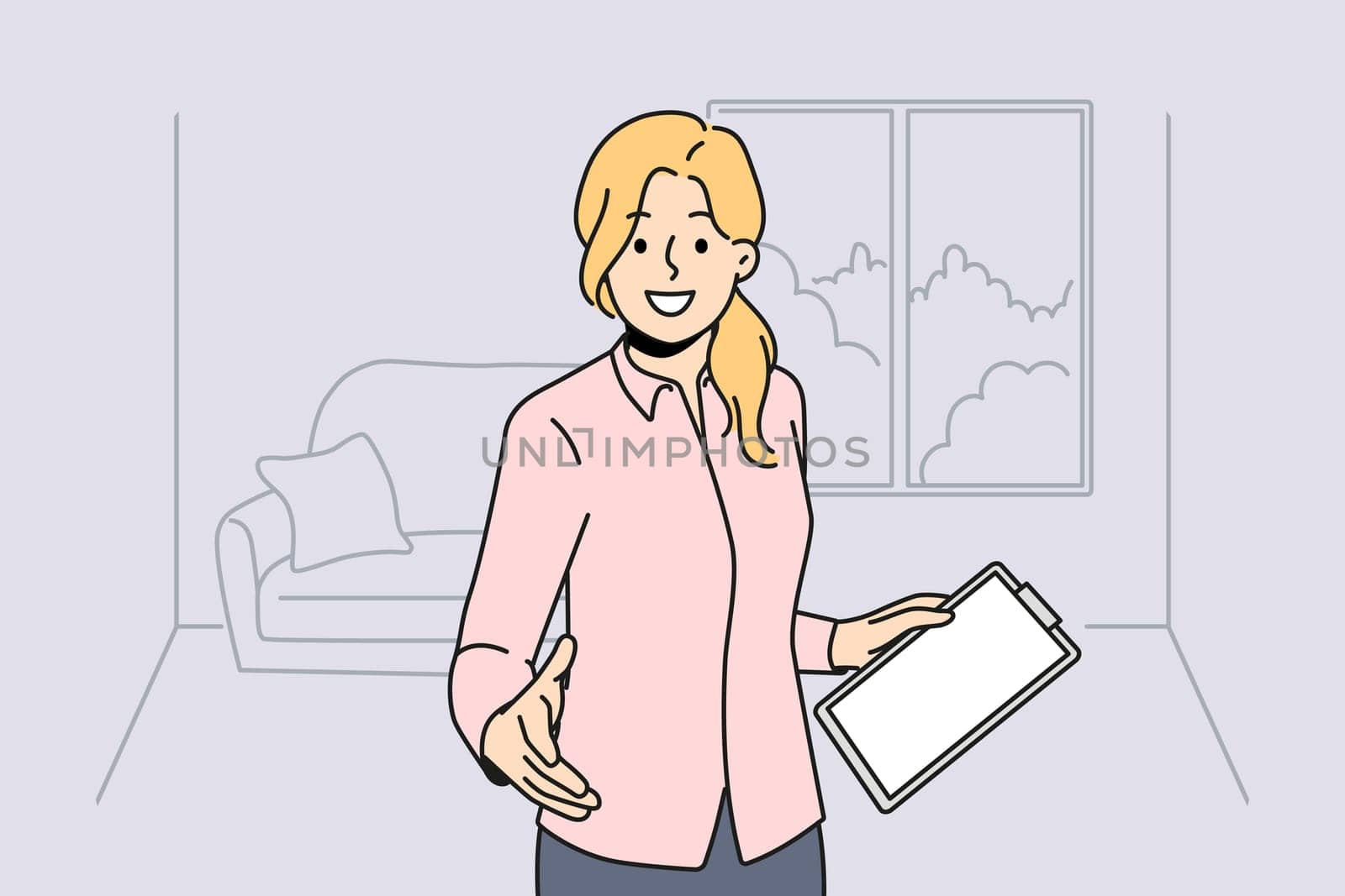 Woman realtor greets you by shaking hands and showing client apartment for mortgage loan. Girl realtor or real estate agent with clipboard friendly invites those who want to rent house in good area