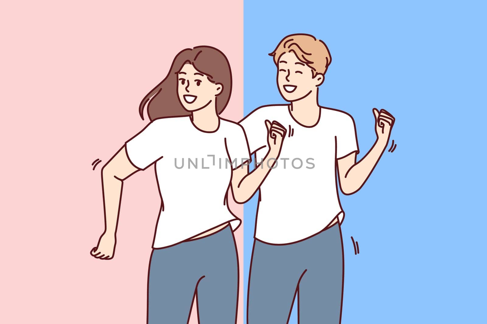 Couple runs and plays sports or fitness together to maintain good health or have strong immunity. Man and woman runs with smile and rejoice at opportunity to lead healthy lifestyle.