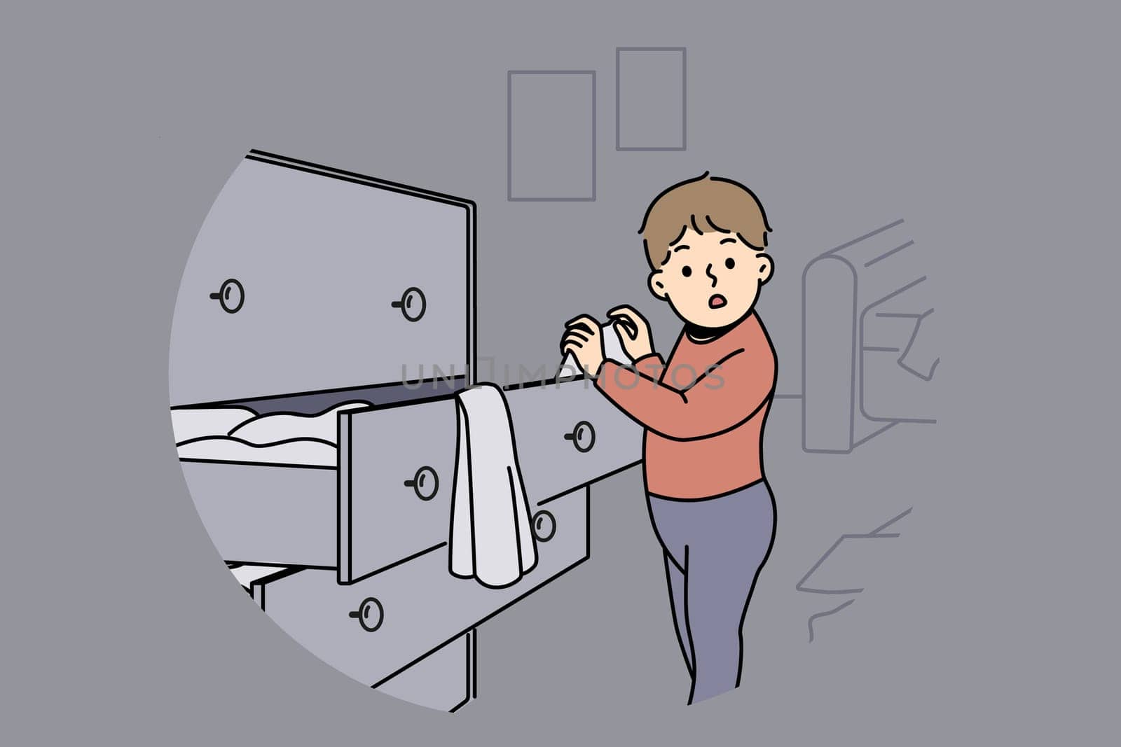Little boy is standing near closet with clothes, looking at textiles with curiosity and studying world around. Childish pranks of funny boy throwing clothes from drawer making mess while playing
