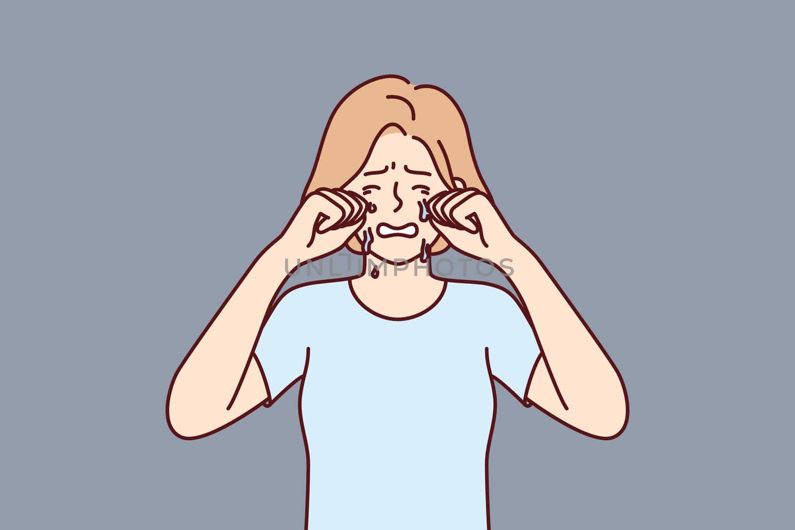 Crying woman wipes tears with hands because of breakup with boyfriend or depression caused by career problems. Crying girl needs help from psychologist or friends to deal with mental illness