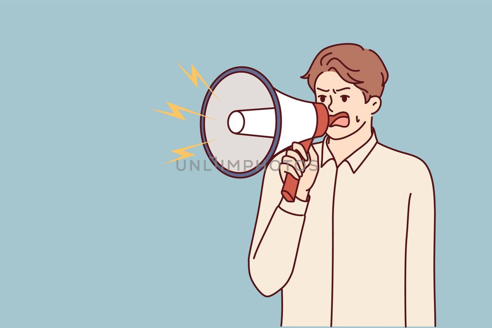 Angry businessman with megaphone yells at employees due to lack of management skills. Nervous businessman making announcements over gramophone to urge colleagues to complete task before deadline