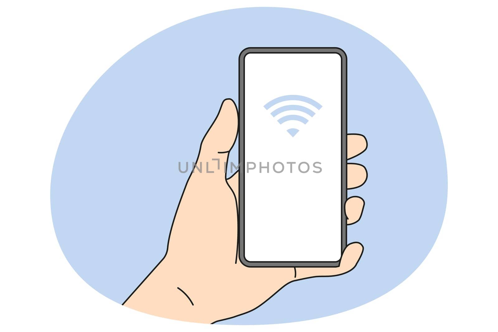 Person holding smartphone with NFC on screen. Near field communication technology on mobile phone. NFC payment with cellphone. Flat vector illustration.