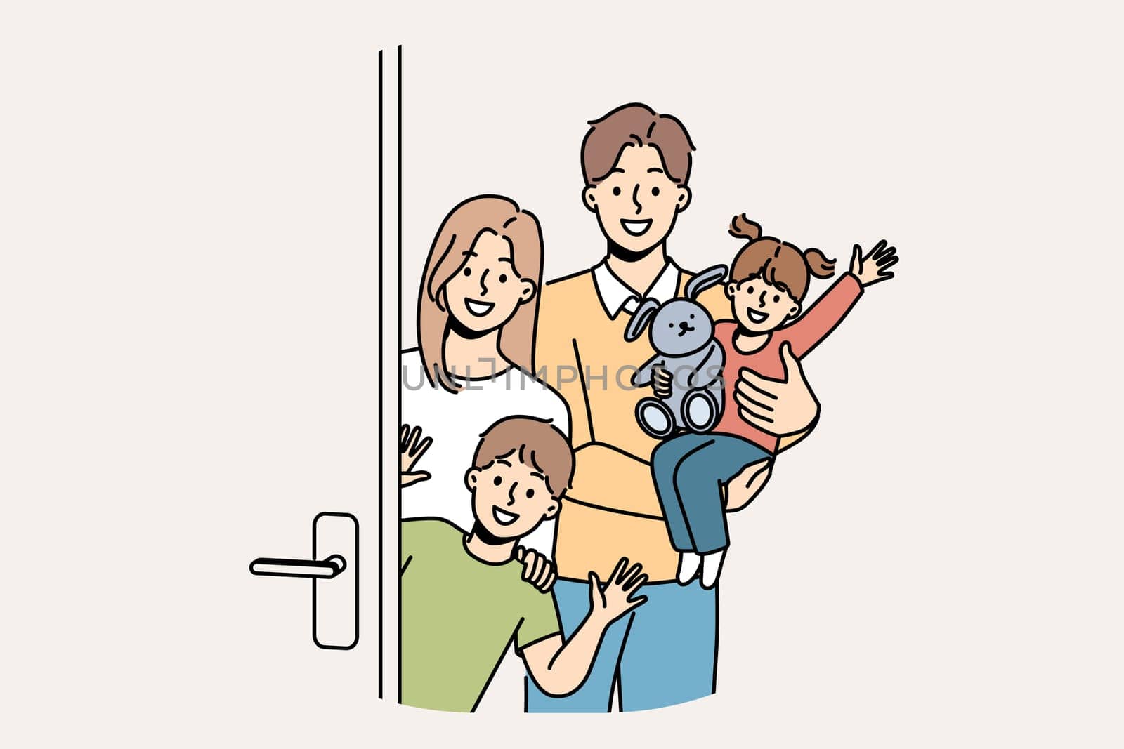 Family with children stands near door, inviting guests to banquet and waving hands in greeting. Young family with kids looks at screen in friendly way, posing on threshold of new apartment.