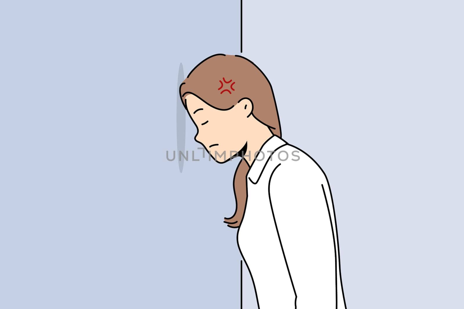 Woman bangs head against wall because of mental problems or failures in personal life. Girl stands with eyes closed, inventing way to solve problems that have arisen and in need of moral support.