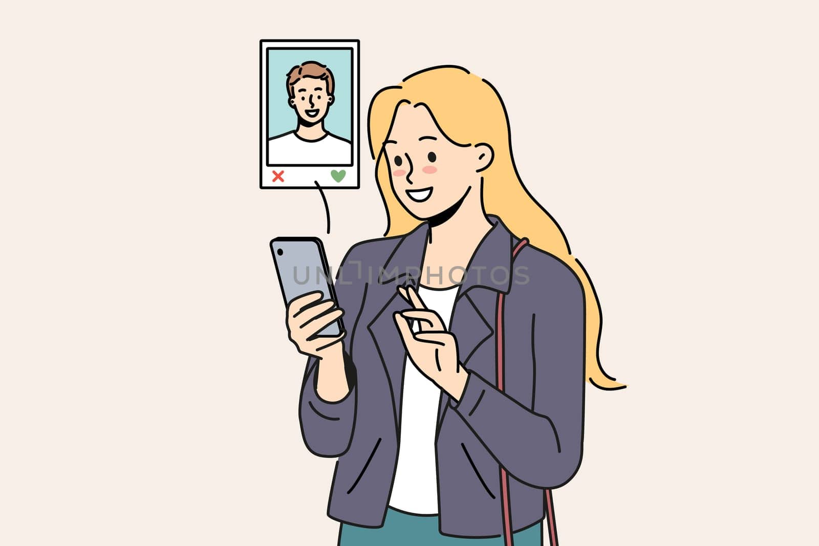 Woman uses dating app on mobile phone, choosing guy likes by photo and browsing profile. Girl with smartphone visits websites for online dating and agrees on date or going to cinema