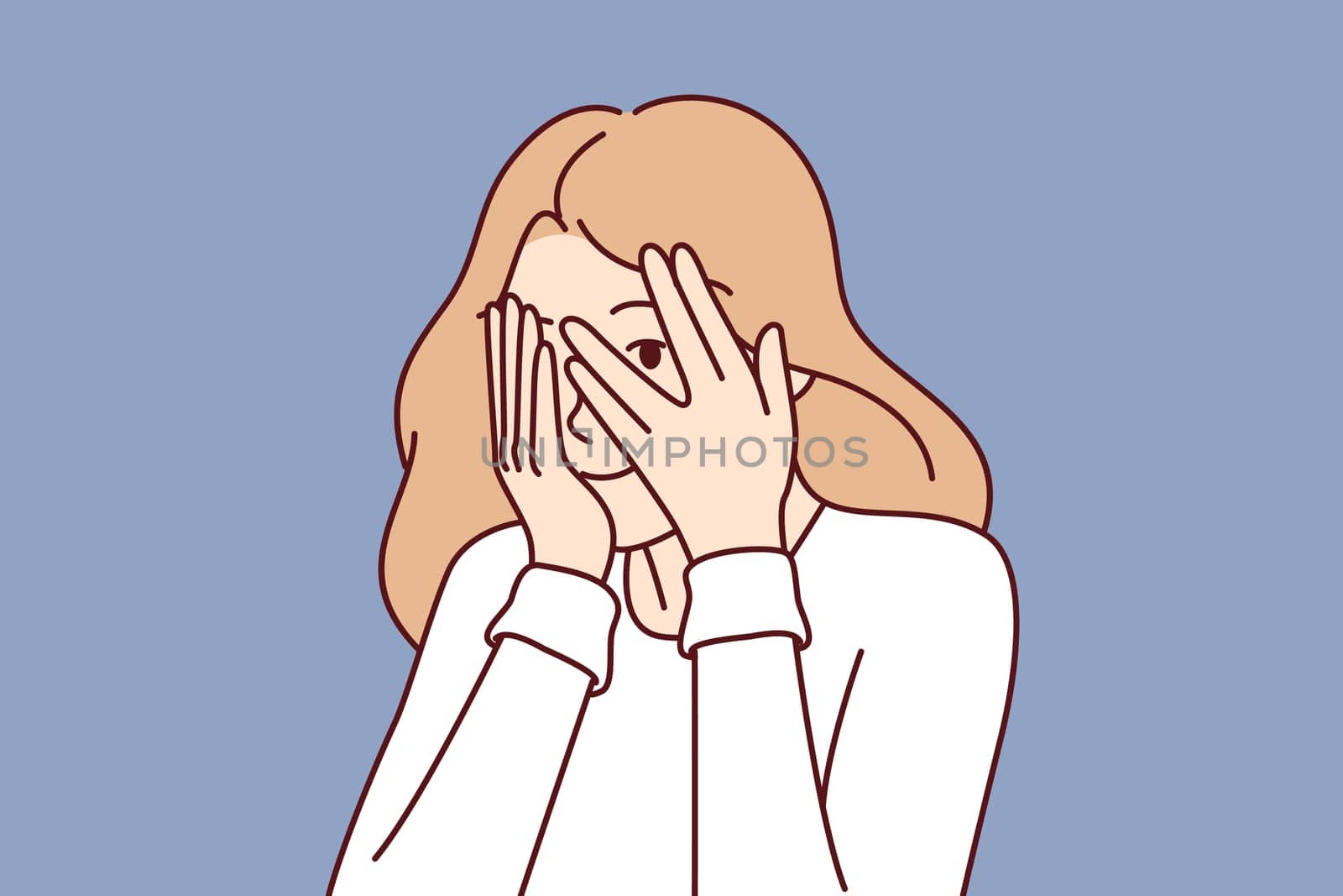 Woman covers eyes with hands and peeps, refusing to see unpleasant things and hiding from problems. Cute girl coquettishly covers face and peeps at your actions through crack in fingers