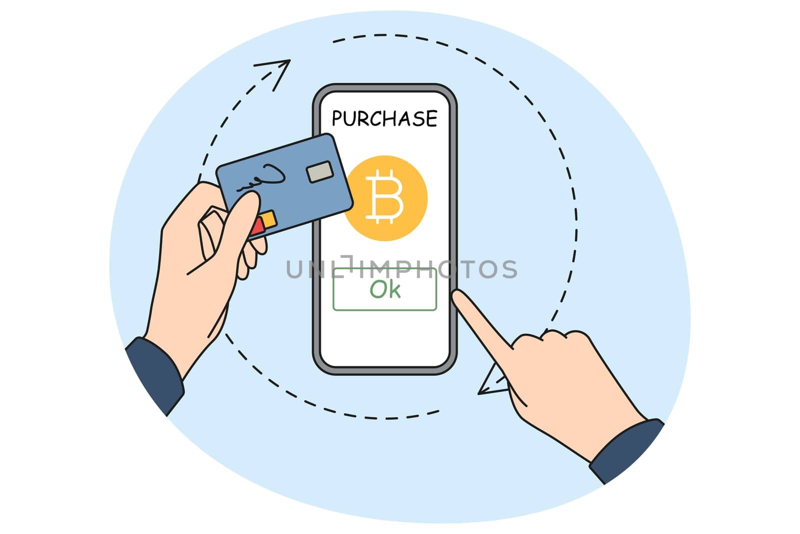 Hands of person using cellphone buying bitcoin online with credit card. Trader or investor purchase virtual money on smartphone. Crypto and investment. Vector illustration.