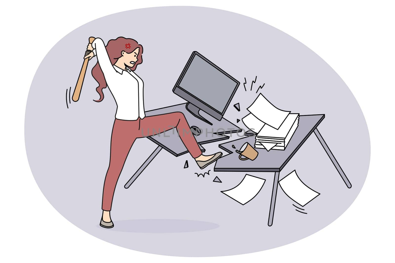 Angry woman employee crash office table suffer from nervous breakdown at workplace. Furious businesswoman break furniture in cabinet having burnout. Vector illustration.