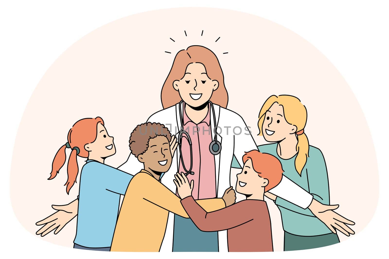 Happy little kids hugging smiling female doctor in clinic. Excited small children embrace pediatrician show love and care. Good medical service in hospital. Vector illustration.