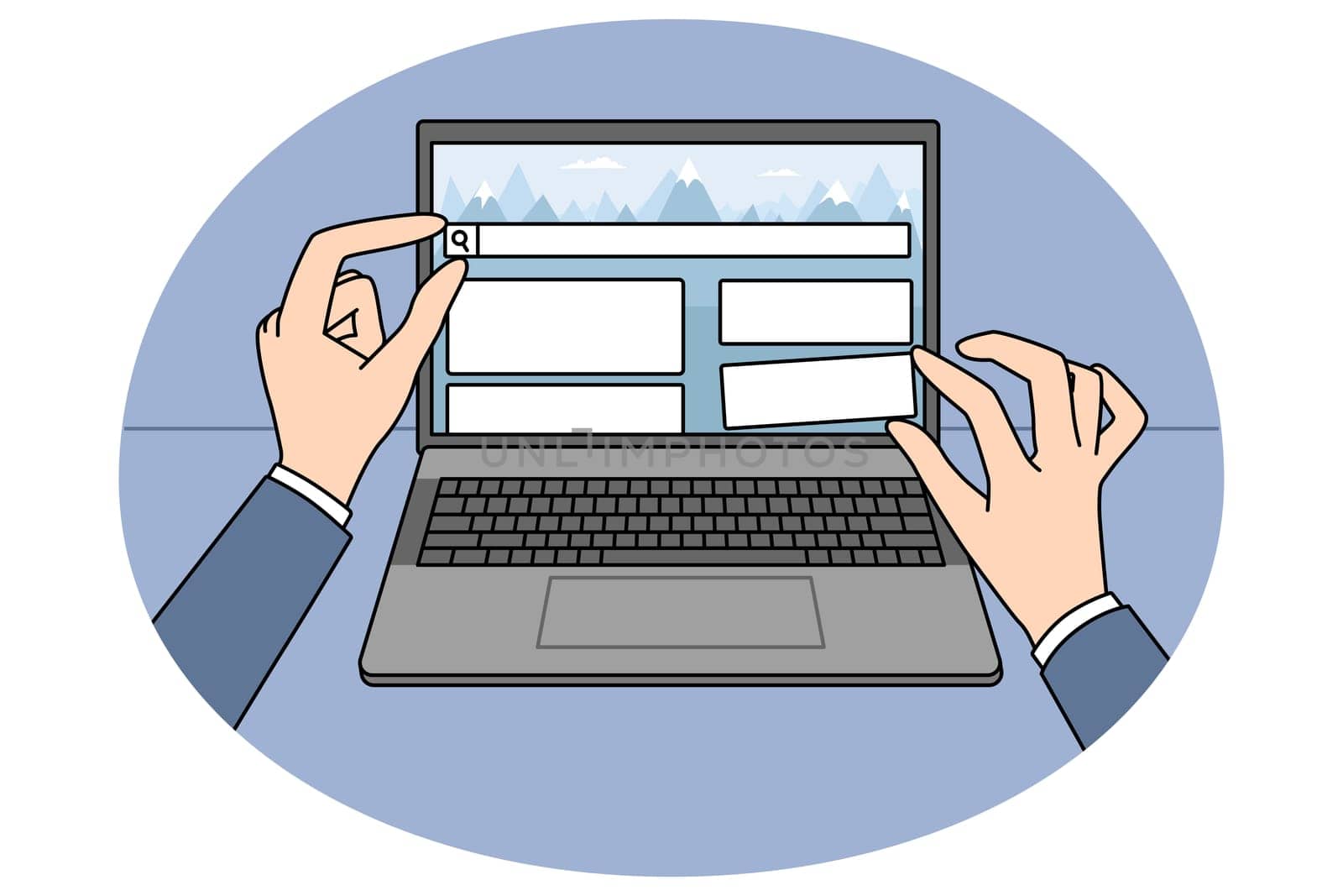 Close up of person hands move UI elements designing website on laptop. Web designer work create web page on computer. Technology and IT concept. Vector illustration.