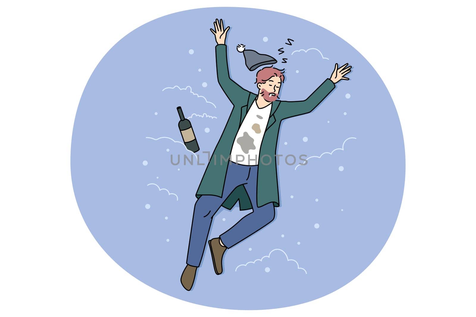 Homeless man sleeping on street on snow next to bottle. Drunk male doze off outdoors struggle with alcoholic addiction. Alcoholism and drunkenness. Flat vector illustration.