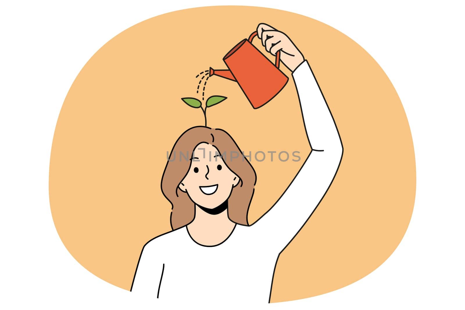 Happy woman use water can watering seedling in brain improving creativity thinking. Smiling girl involved in self-improvement process. Mindset and mental growth. Vector illustration.