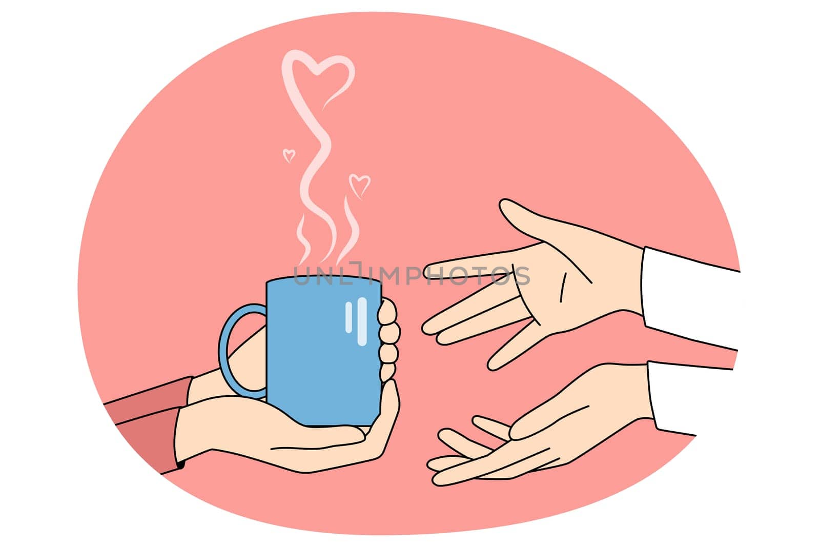 Person holding cup with hot drink give it to friend. People sharing hot coffee or tea. Concept of help and support. Vector illustration.