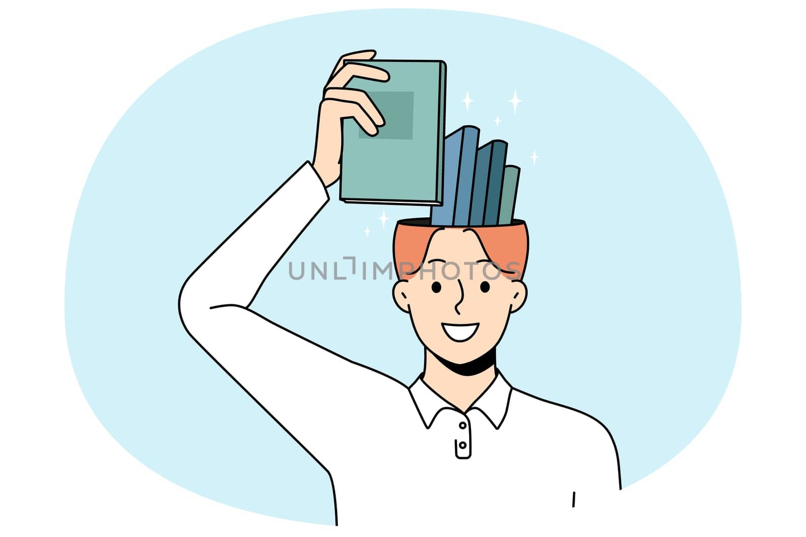Smiling man put book in head remembering. Happy wise guy take textbook from brain showing excellent memory. Education and knowledge concept. Flat vector illustration.