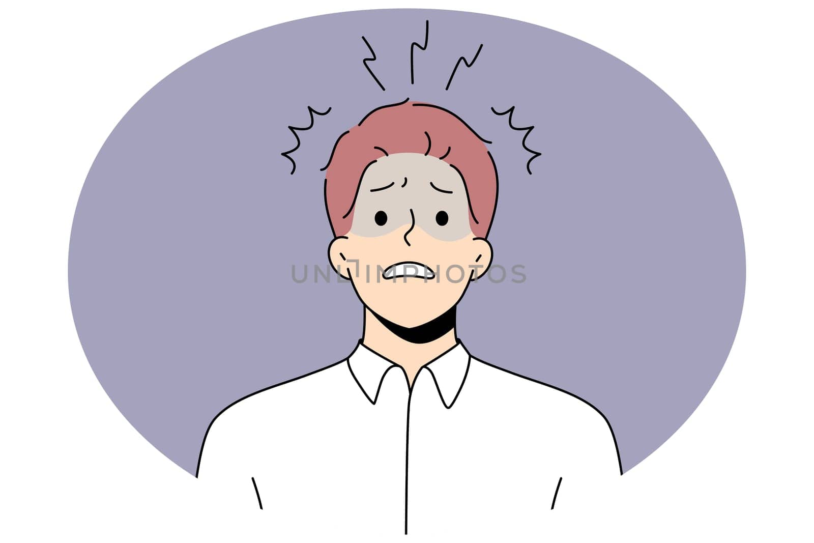 Unhappy male employee or worker feel frustrated and distressed with work problems. Anxious man worker stressed confused with news or ideas. Frustration and stress. Vector illustration.