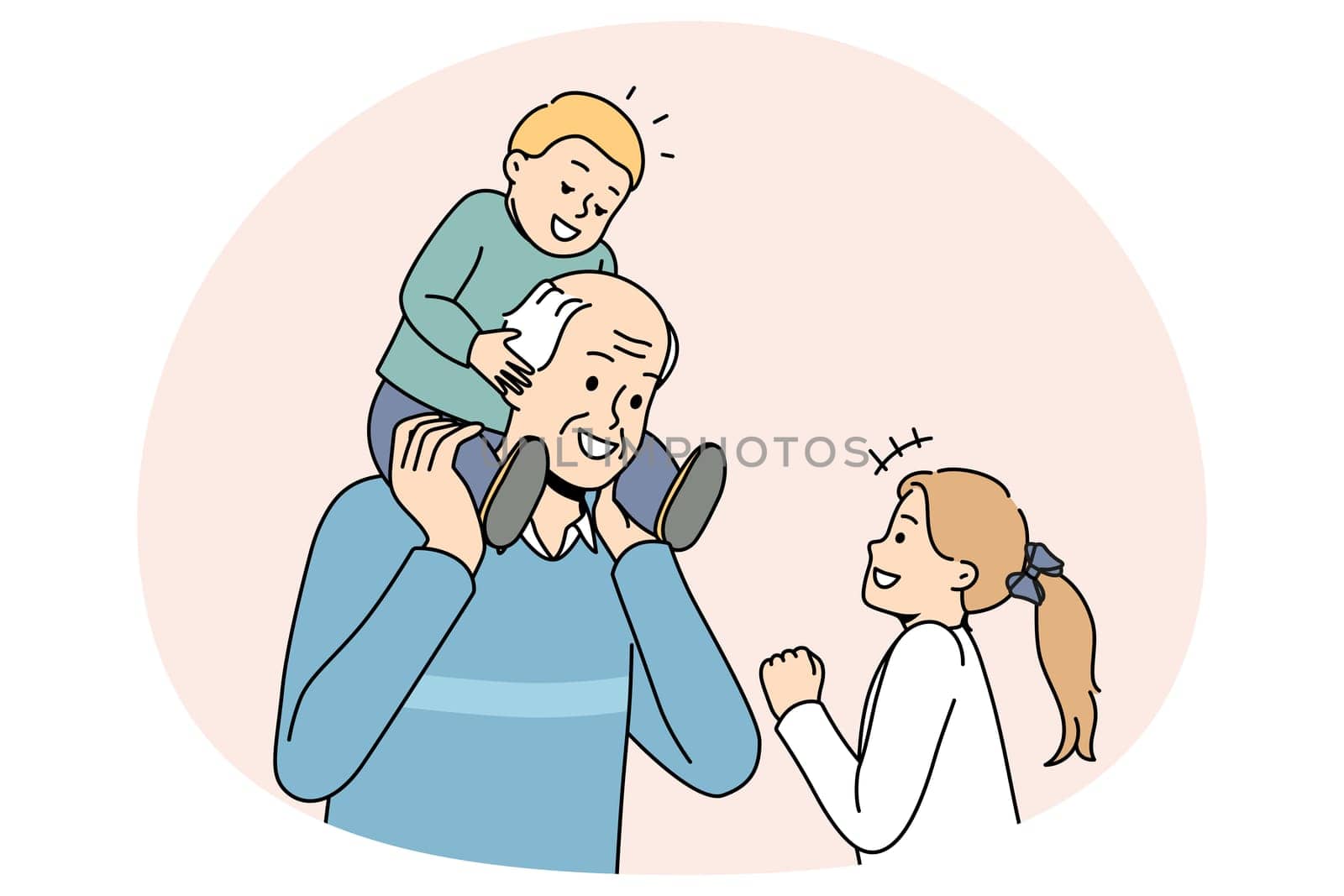 Happy mature grey-haired grandfather playing with small grandchildren. Loving grandpa have fun enjoy playful activity or game with little grandkids. Family bond. Vector illustration.