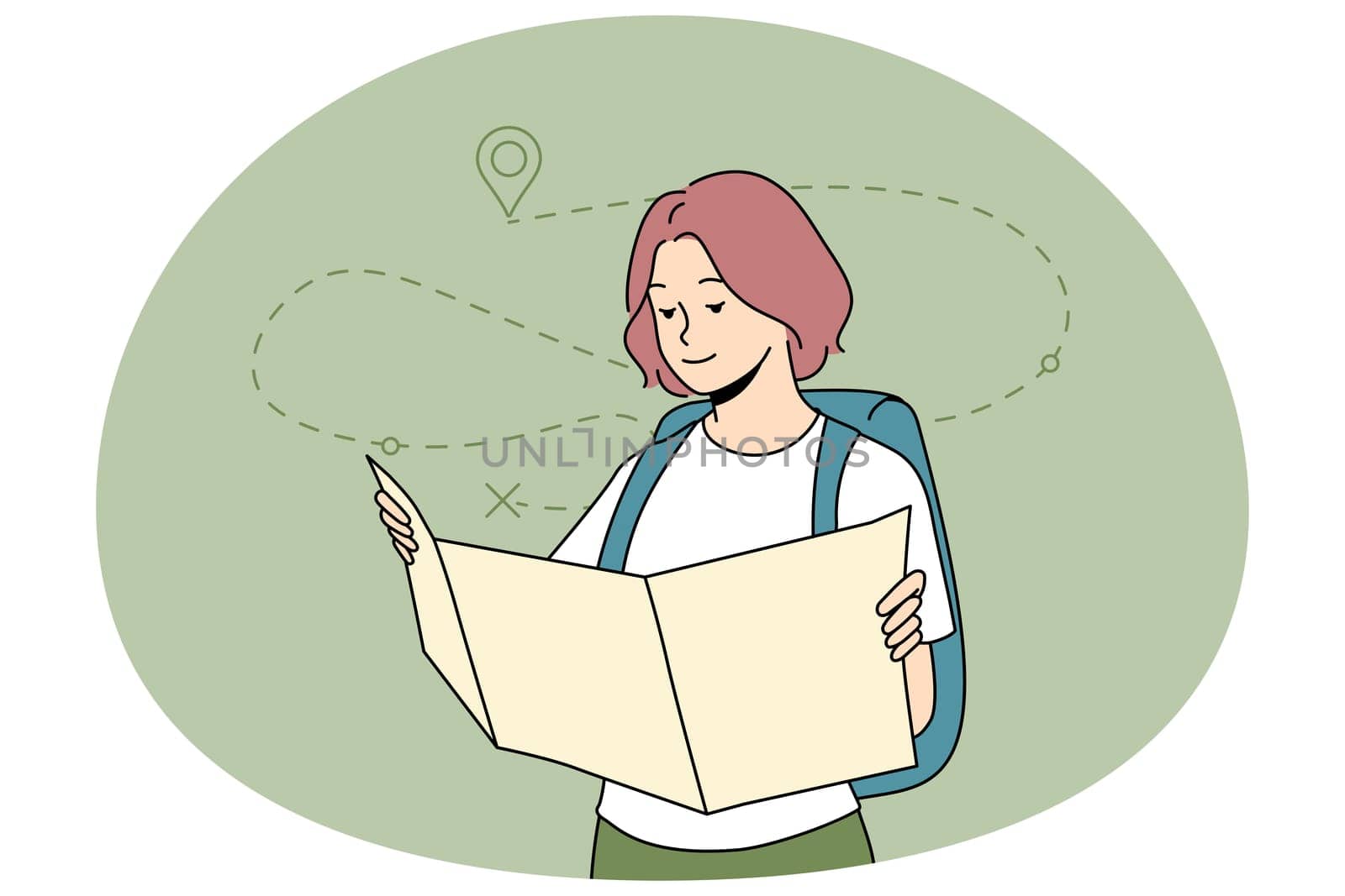 Young woman tourist looking at map planning trip. Happy girl backpacker finding route on paper map. Travel and adventure concept. Flat vector illustration.