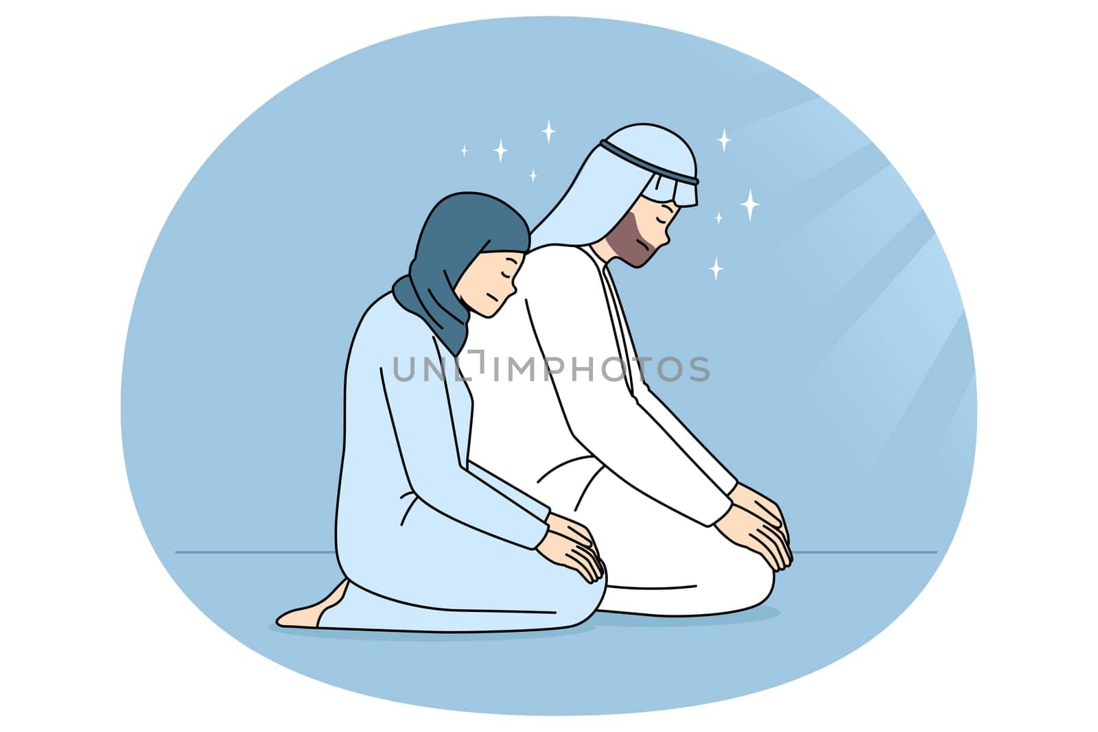 Muslim man and woman in traditional clothes sit on floor praying to Allah. Religious Arabic couple in prayer show gratitude and faith. Religion and culture concept. Vector illustration.