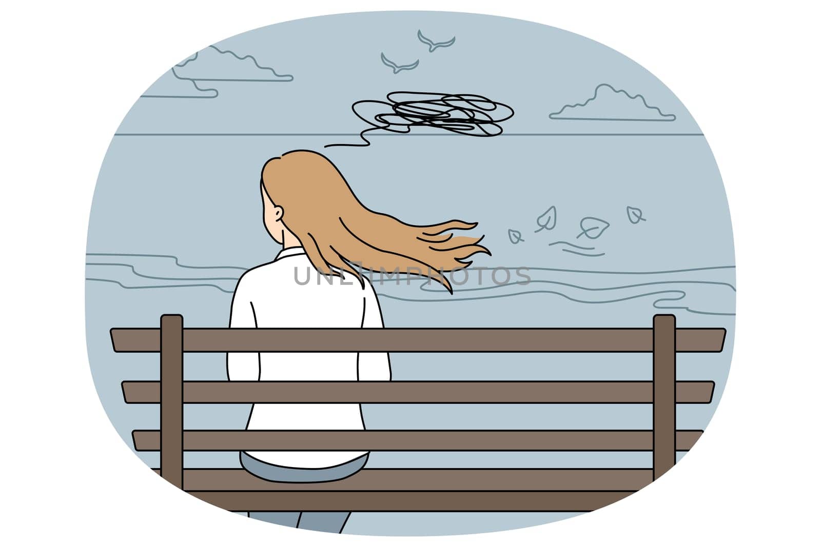 Woman sitting on bench thinking. Back view of female relax outdoors suffer from anxiety or depression overwhelmed with thoughts. Vector illustration.