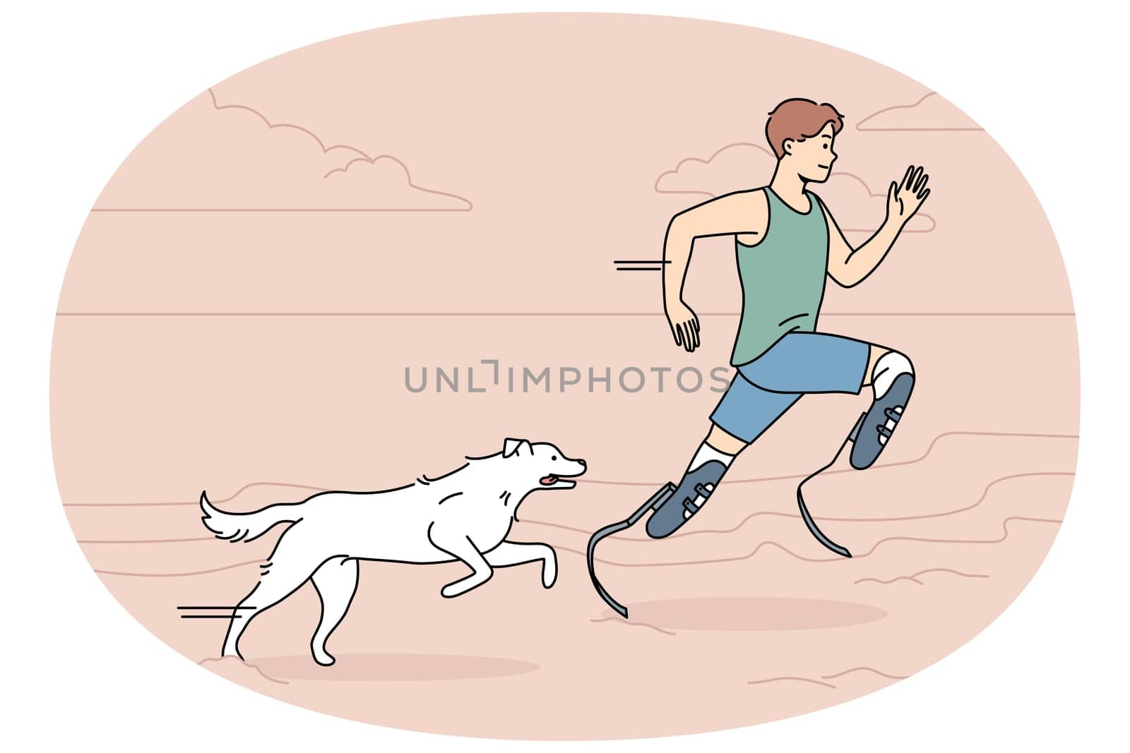Athlete with prostheses running with dog on beach. Man with prosthetic legs training jogging with pet outdoors. Sport and disability. Vector illustration.