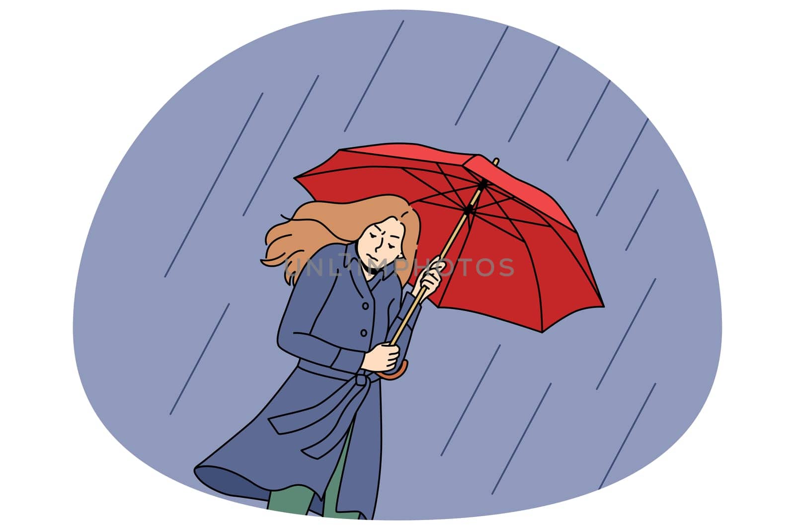Unhappy young woman going under umbrella on rainy day. Upset stressed girl walk outside on cold bad weather in storm and thunderstorm. Vector illustration.
