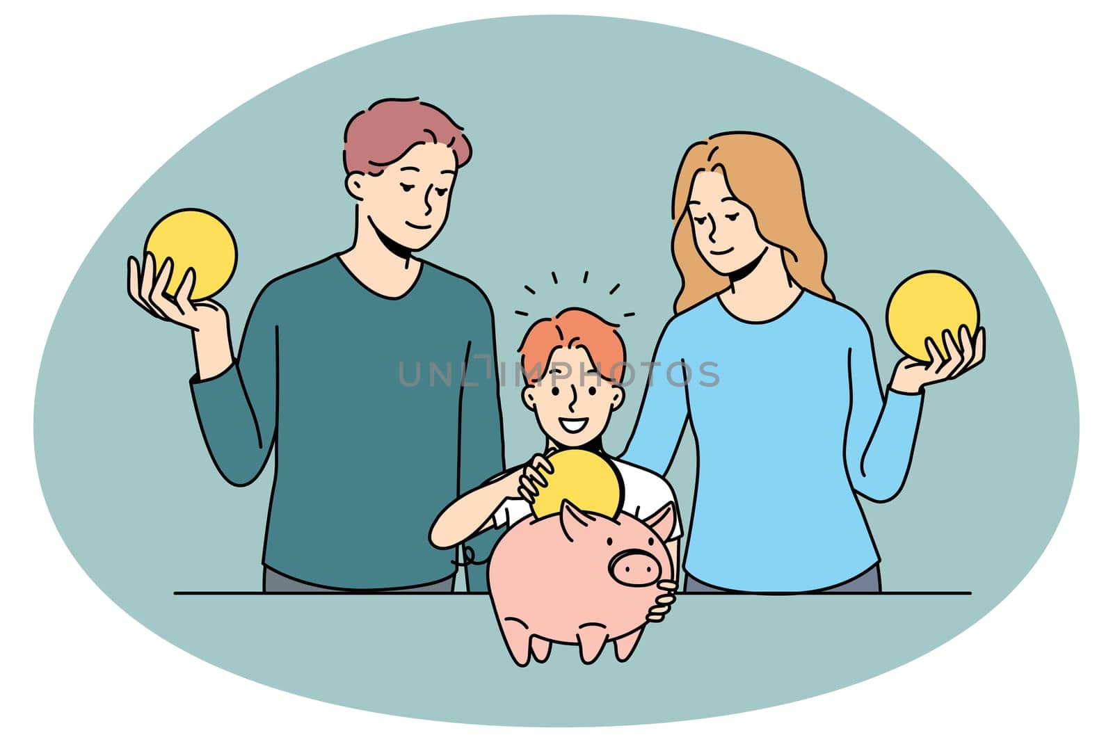 Smiling young family with child put coin into piggybank. Happy parents and small kid invest money for future. Saving and finance stability. Vector illustration.
