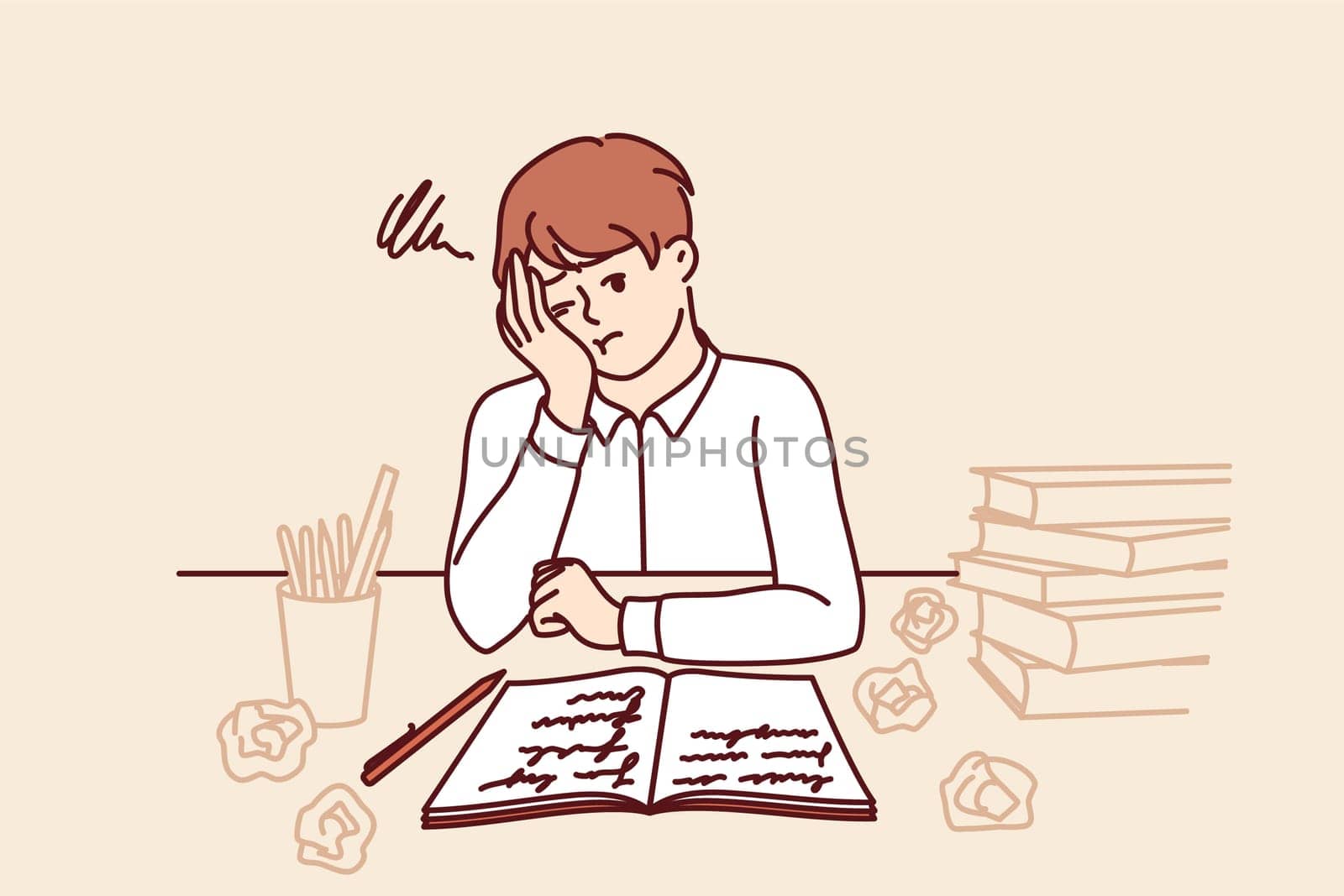 Thinking schoolboy does homework sitting at table with books and workbook after exhausting classes with tutor. Tired schoolboy from elementary school needs rest to replenish strength