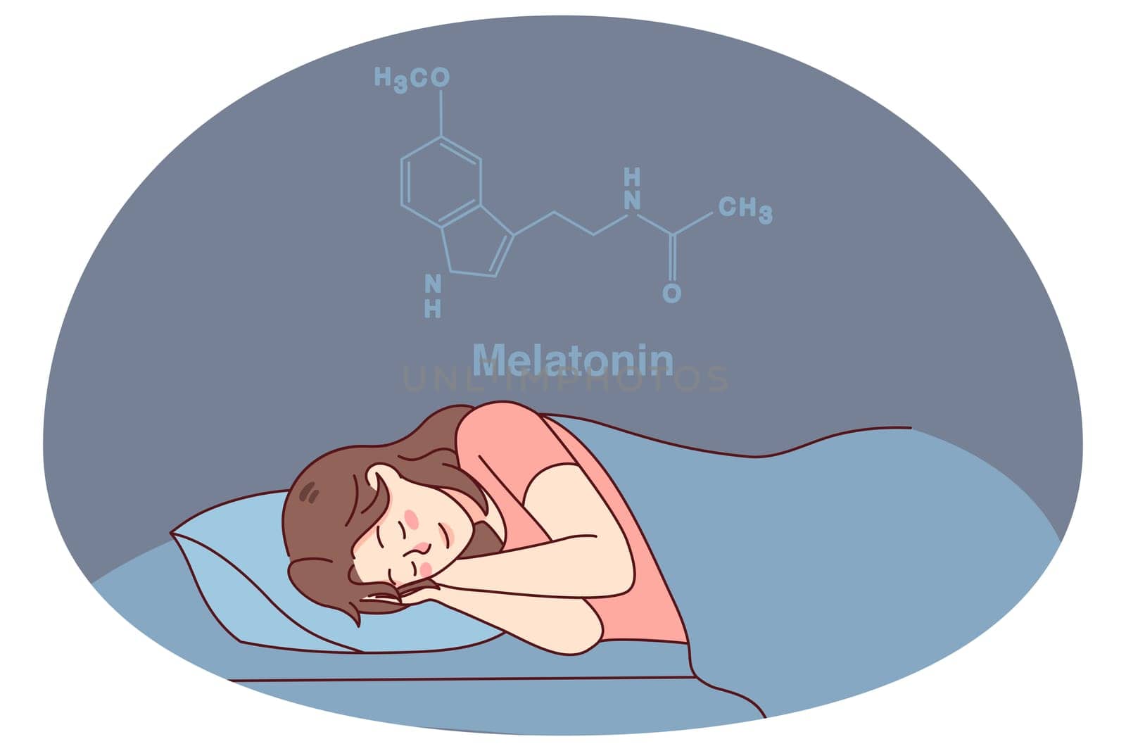 Calm woman sleeping in bed having melatonin hormone produced. Happy girl asleep at home, enjoying peaceful nap or dream. Healthy sleeping and science. Vector illustration.