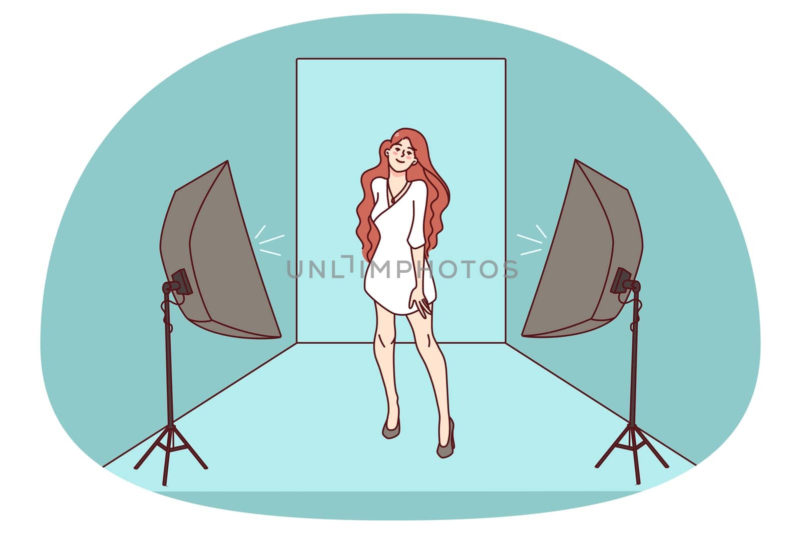Woman model shooting with lights in studio for advertising. Smiling female have photoshoot posing for fashion campaign. Flat vector illustration.
