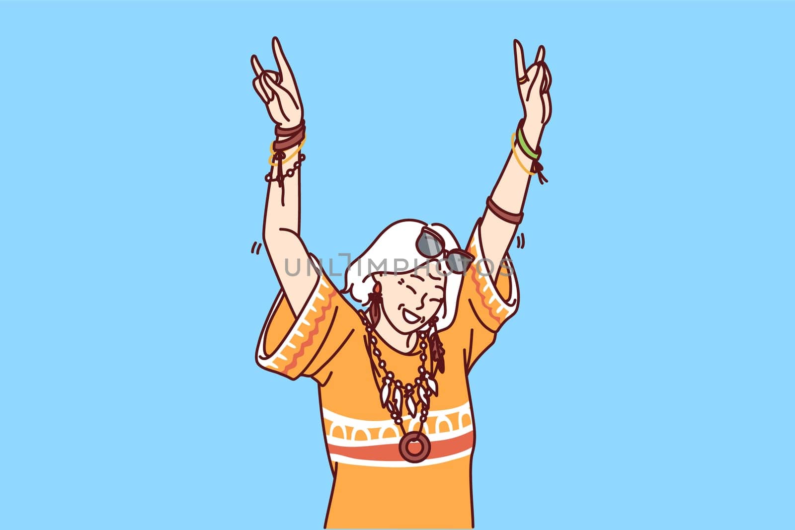 Mature hippie woman in fashionable clothes and accessories enjoys life dancing at parties. Elderly woman with gray hair having fun after retirement visiting carnivals or festivals for hippie
