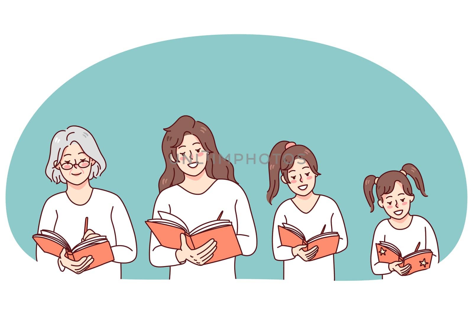 Woman writing in diary all her life. Small girl, adult woman and old grandmother handwriting in planner or journal, making memories. Vector illustration.