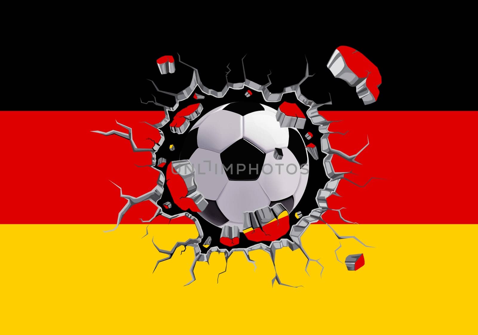 3D football through the wall with Germany flag pattern attached.