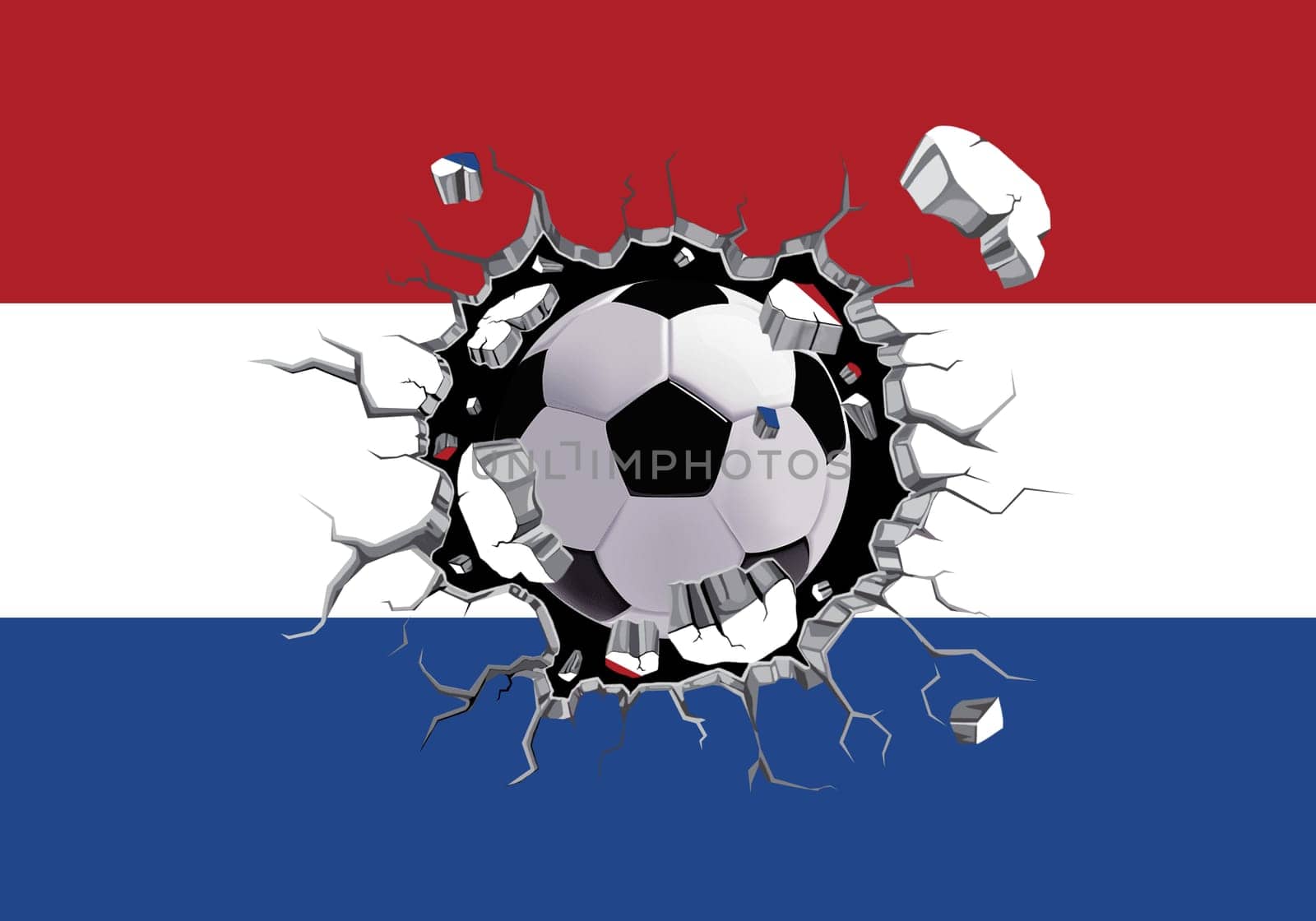 3D football through the wall with Netherland flag pattern attached.