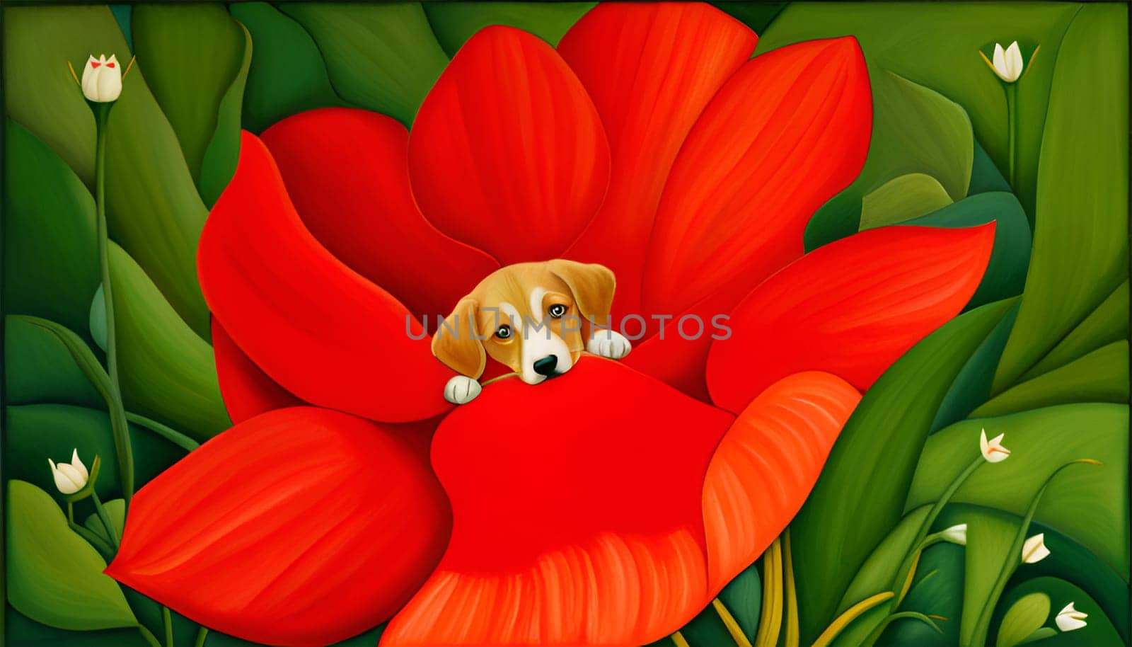 Cute little pet dog in a poppy flower - Generative AI